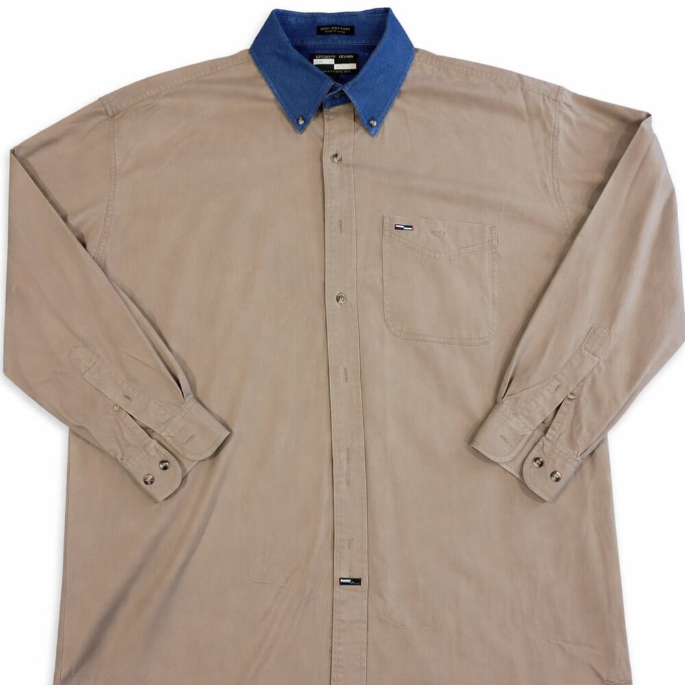 Urgent Gear Men's XL Button Down Shirt‎ Khaki Tan Denim Collar 100% Cotton